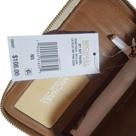 Michael Kors Logo Zip-Around Wristlet Wallet Beige/Brown Leather & Canvas - Picture 7 of 12